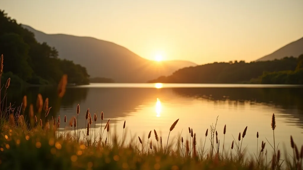Serene view of Lough Ennell with golden sunlight reflecting off calm waters and green hills in the background