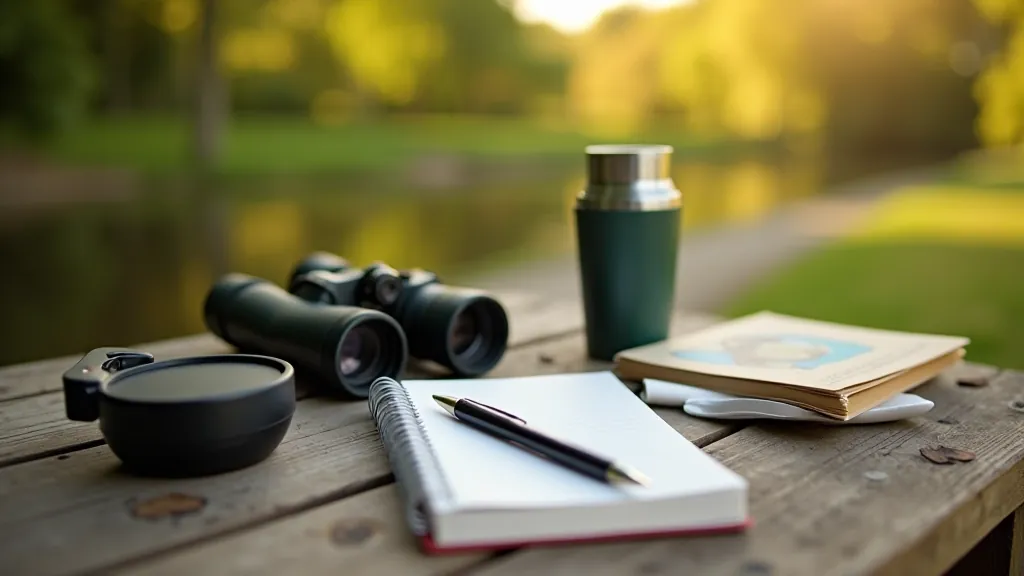 Essential bird watching gear laid out on a bench including notebook, binoculars, and field guide