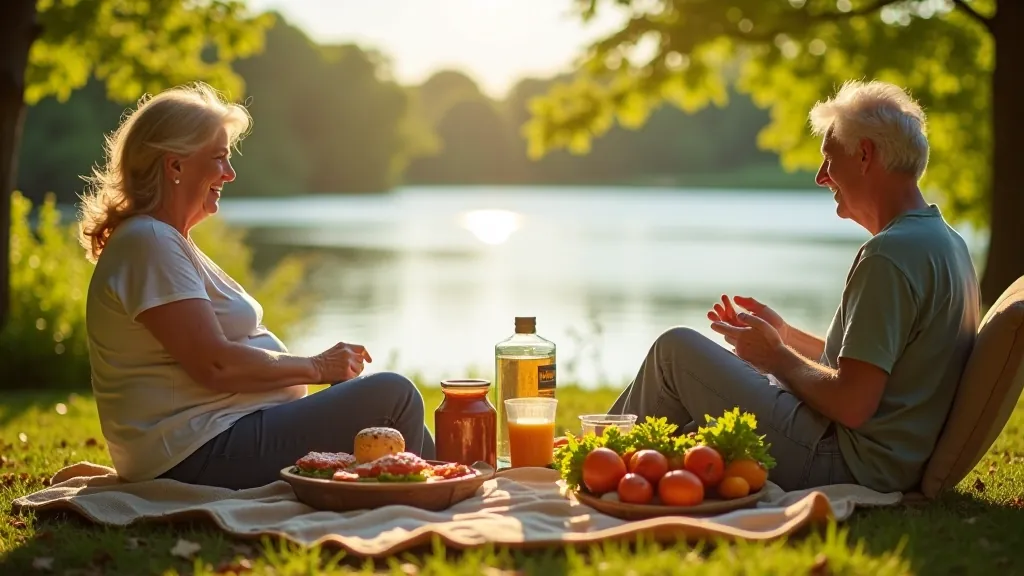 Lakeside picnic setup with local food