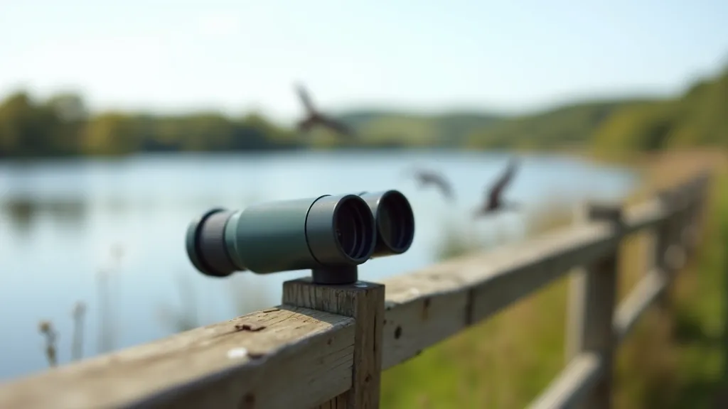 Binoculars resting on a wooden surface with a field guide nearby