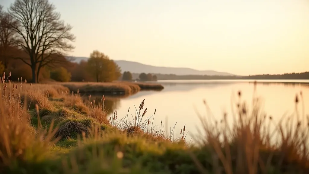 Quiet eastern shoreline of Lough Ennell with natural vegetation, few visitors, calm reflections in water