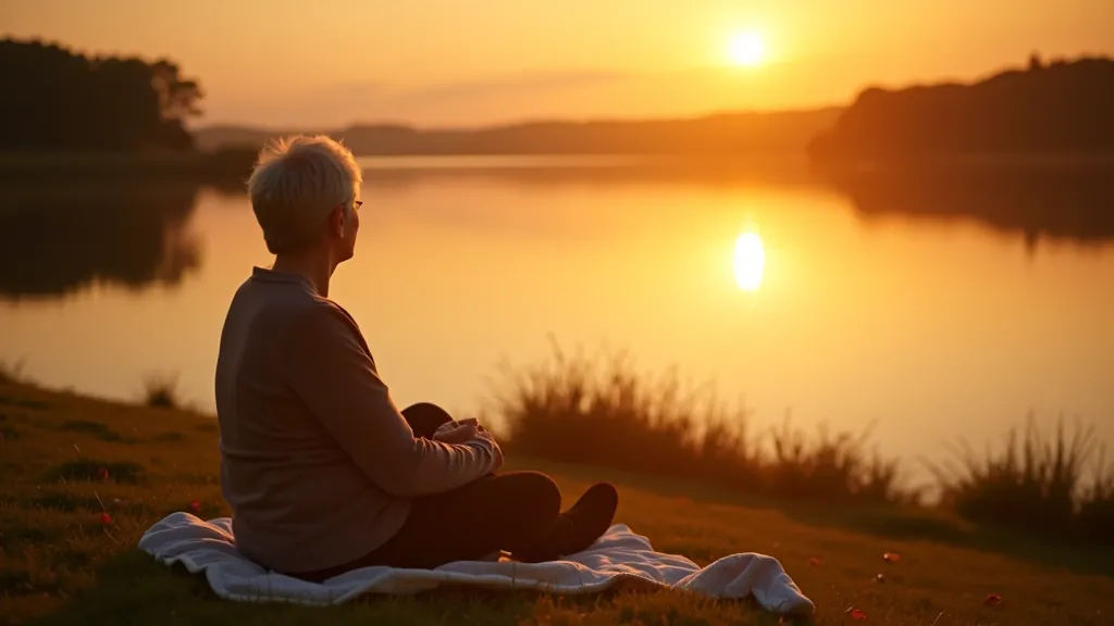 Golden hour sunset lighting over calm lake with person sitting peacefully on blanket at shoreline