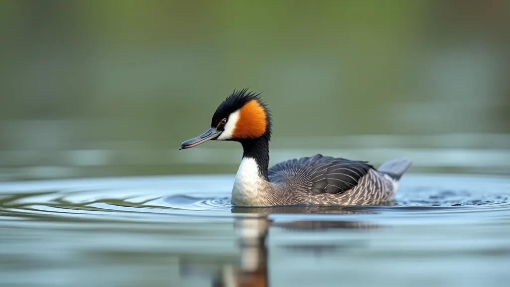 Close-up view of a great crested grebe diving into water with ripples