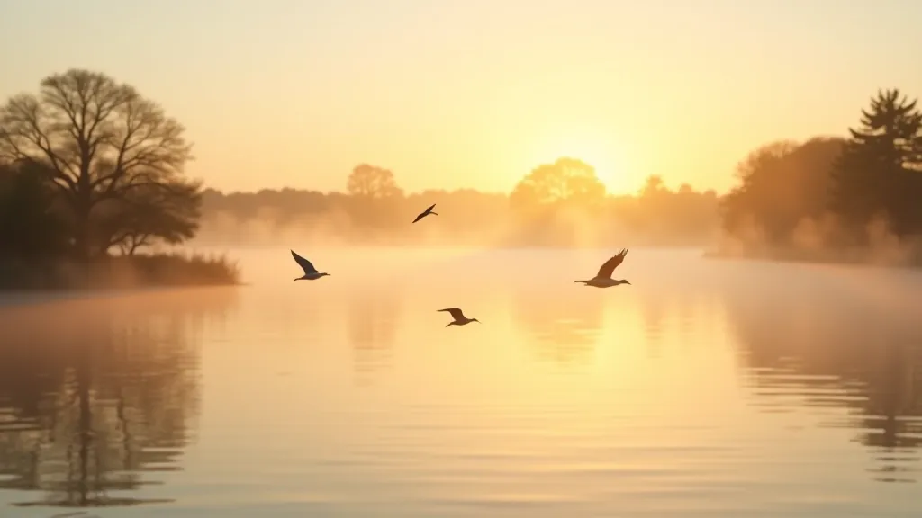 Serene morning view of Lough Ennell with mist rising from the water and birds in flight