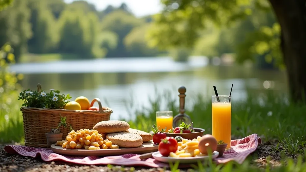 Outdoor picnic spread by a lake