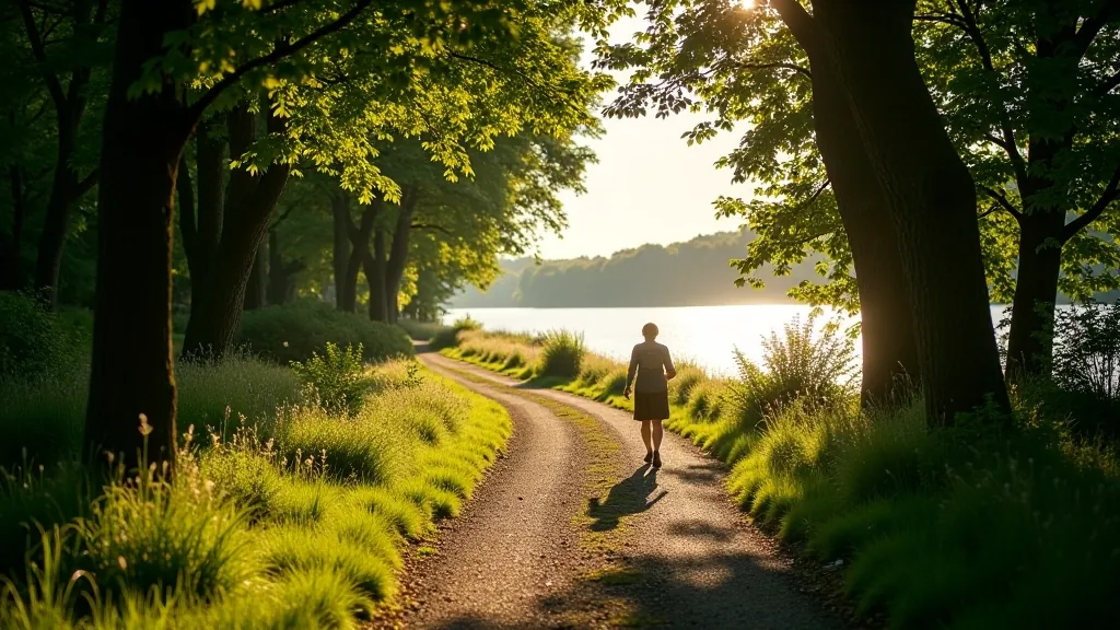 Walking path along the lake with trees providing shade and open water views