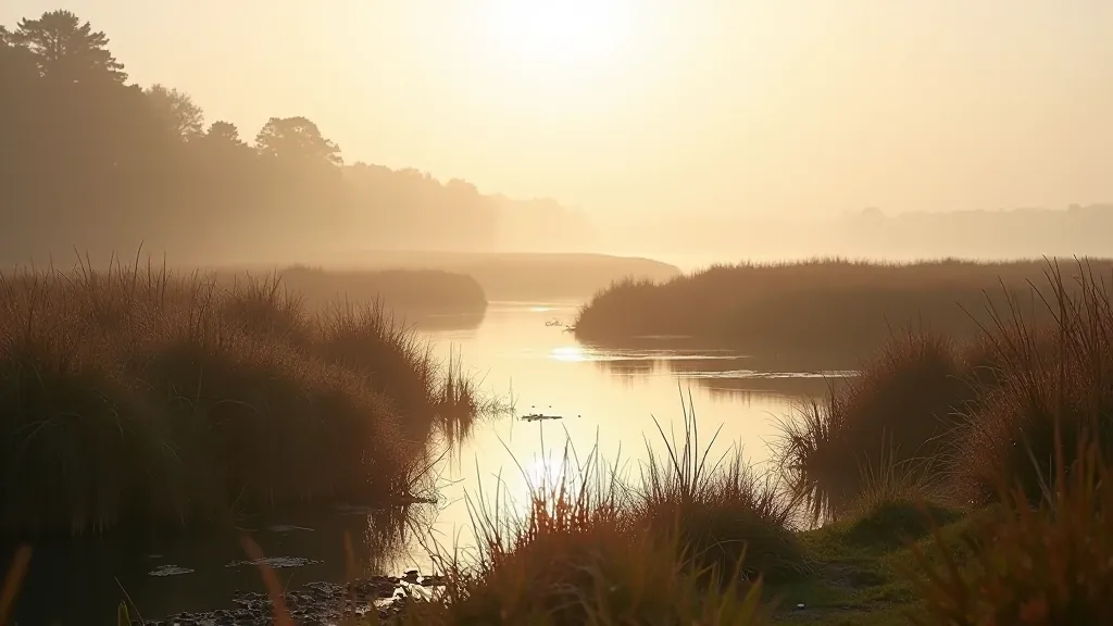 Northern shoreline of Lough Ennell showing natural wetland vegetation, water lilies, and undisturbed landscape with early morning or misty conditions