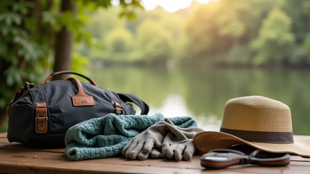 A collection of outdoor accessories including a scarf, gloves, a sun hat, and a lightweight backpack arranged on a neutral background