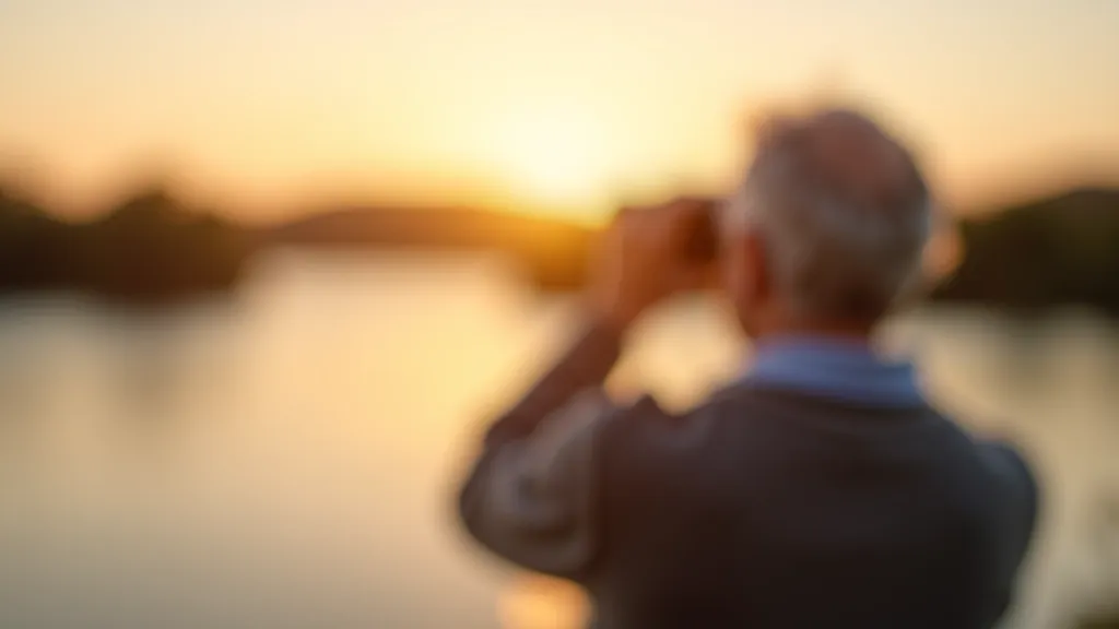 Person with binoculars watching birds at sunrise over the lake