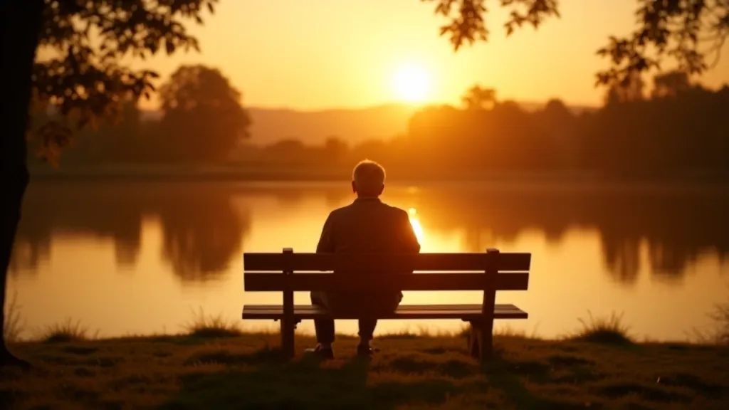 Person sitting on a bench overlooking a peaceful lake landscape at sunset