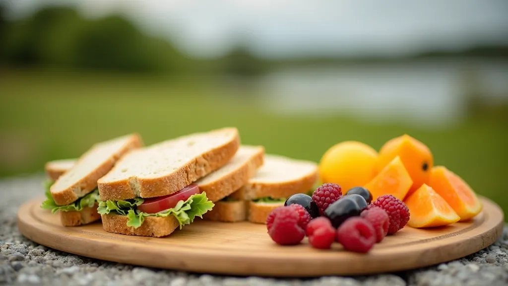 Variety of fresh sandwiches, fruits, and snacks arranged on wooden cutting board with bottle of water nearby