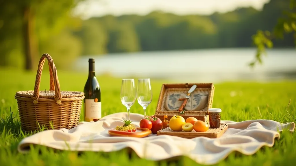 A picnic spread with sandwiches, fruit, and drinks on a checkered blanket on green grass