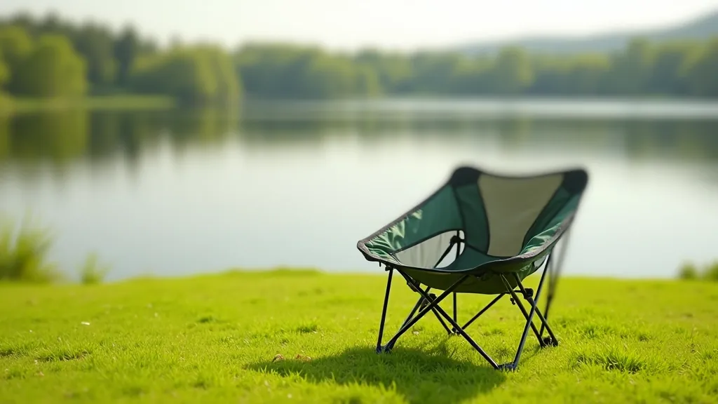 Comfortable portable camping chair set up on grass overlooking calm lake water with trees in the background