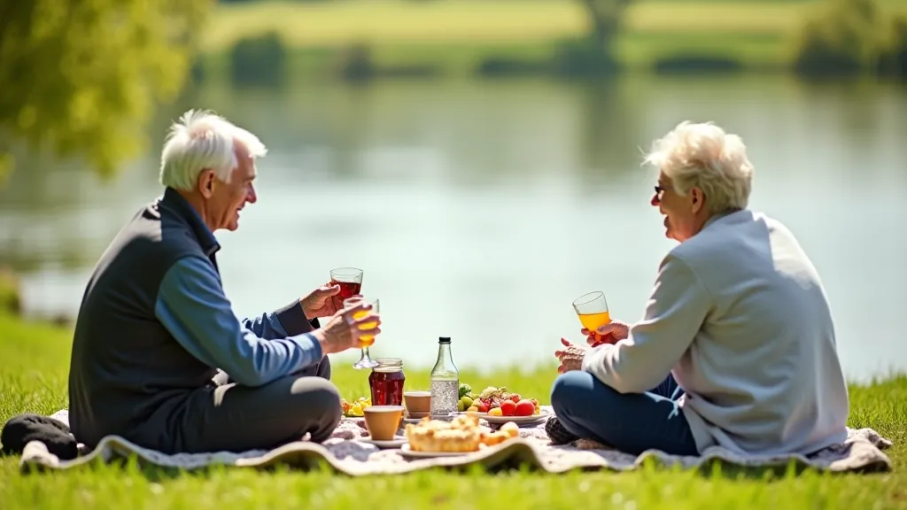 Older adults gathered by the lakeside enjoying a comfortable outdoor picnic with scenic water views