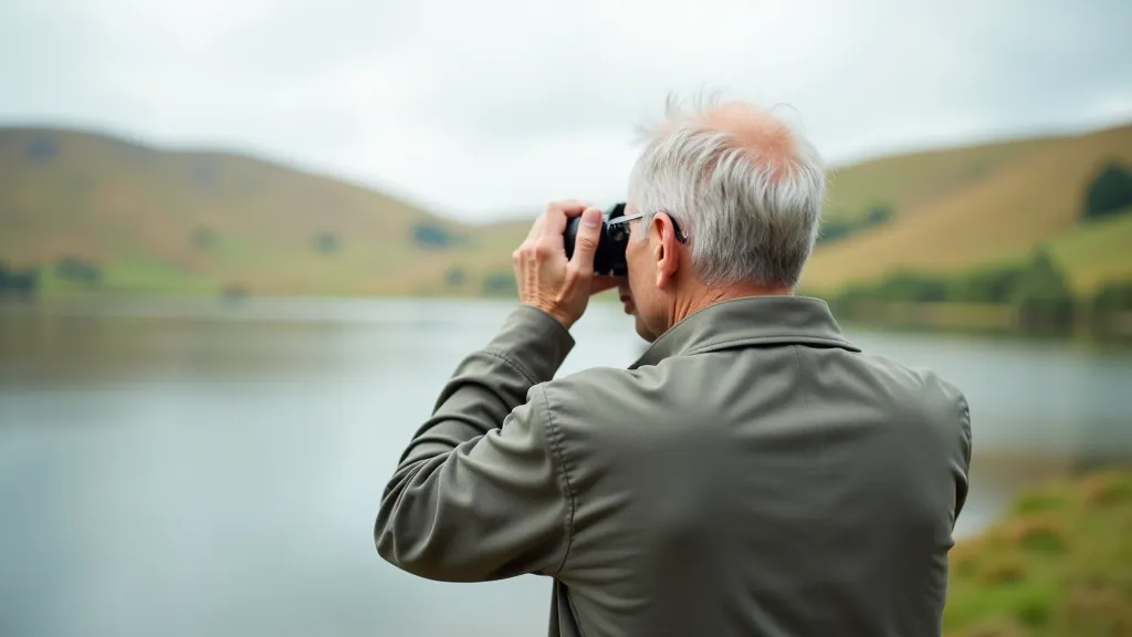 Bird watching with binoculars at lakeside