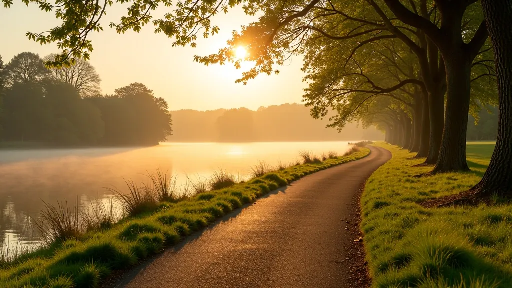 Serene waterside path with soft morning light filtering through trees along Lough Ennell shoreline, nobody visible