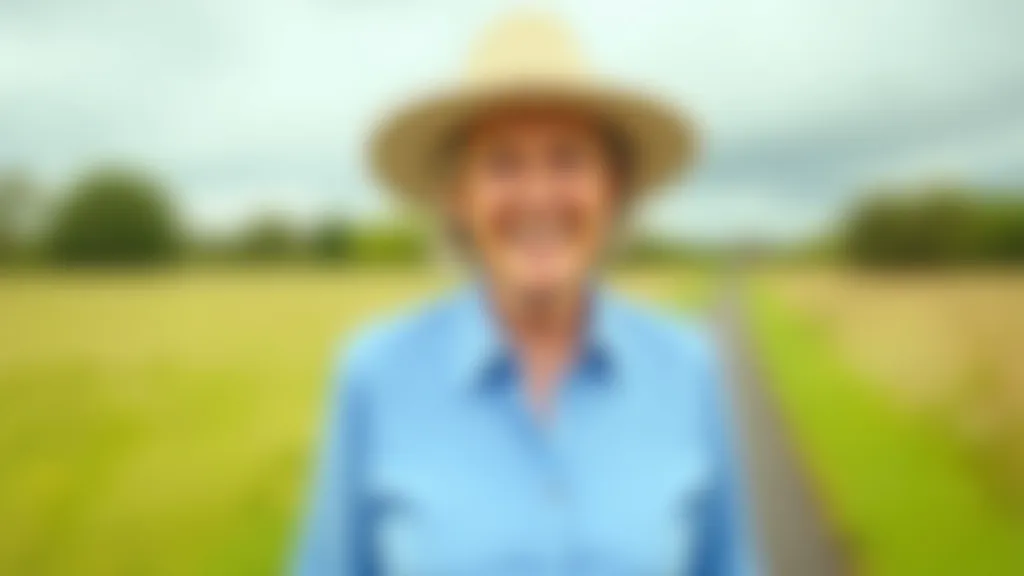 A person wearing a light-colored shirt and a sun hat, standing on a grassy path with countryside in the background