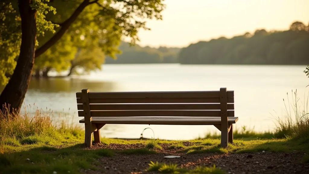 Wooden bench positioned on quiet lakeshore overlooking calm water, surrounded by natural landscape and trees, nobody present